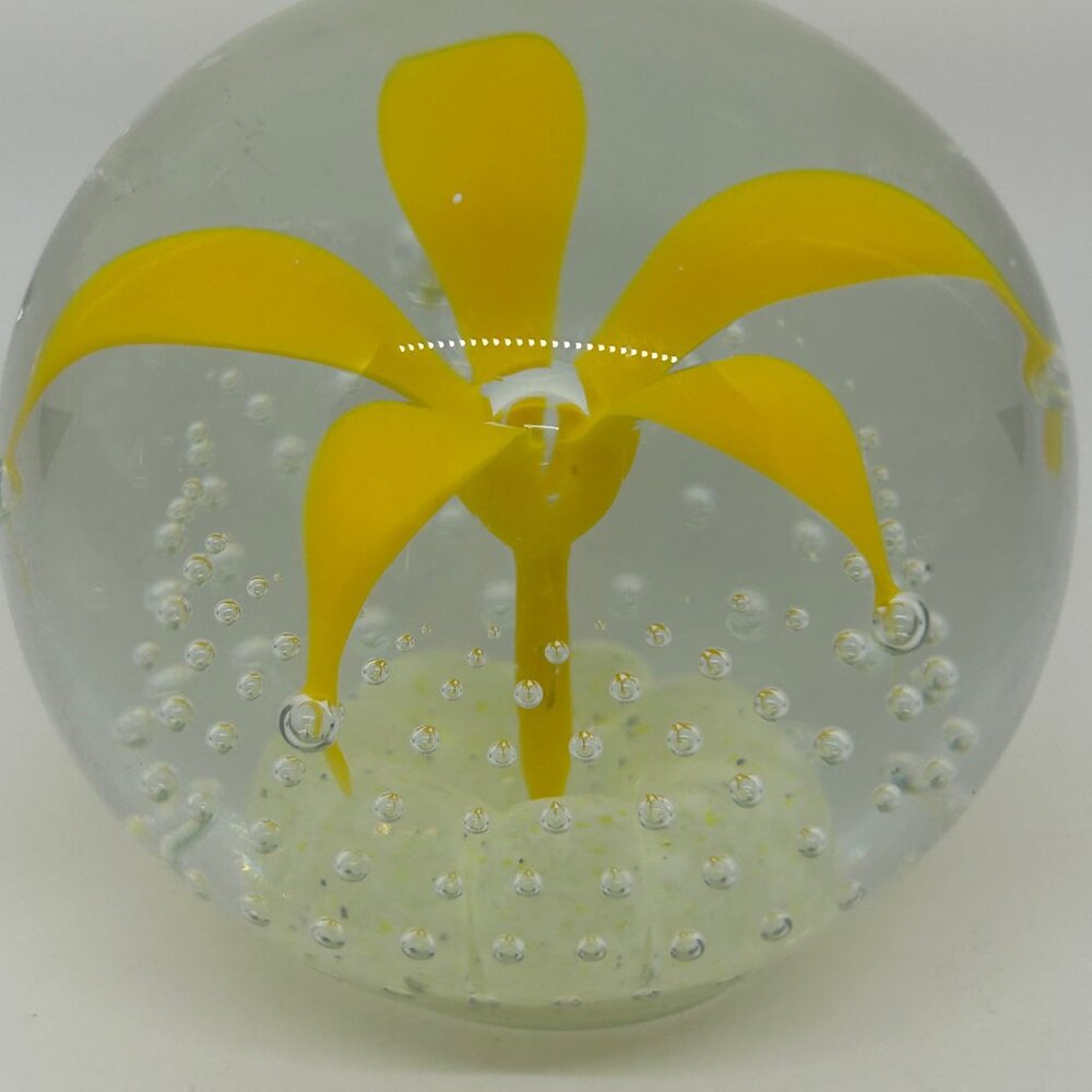 Wheaton Glass Controlled Bubble Paperweight With Yellow Flower Design - Picture 10 of 16